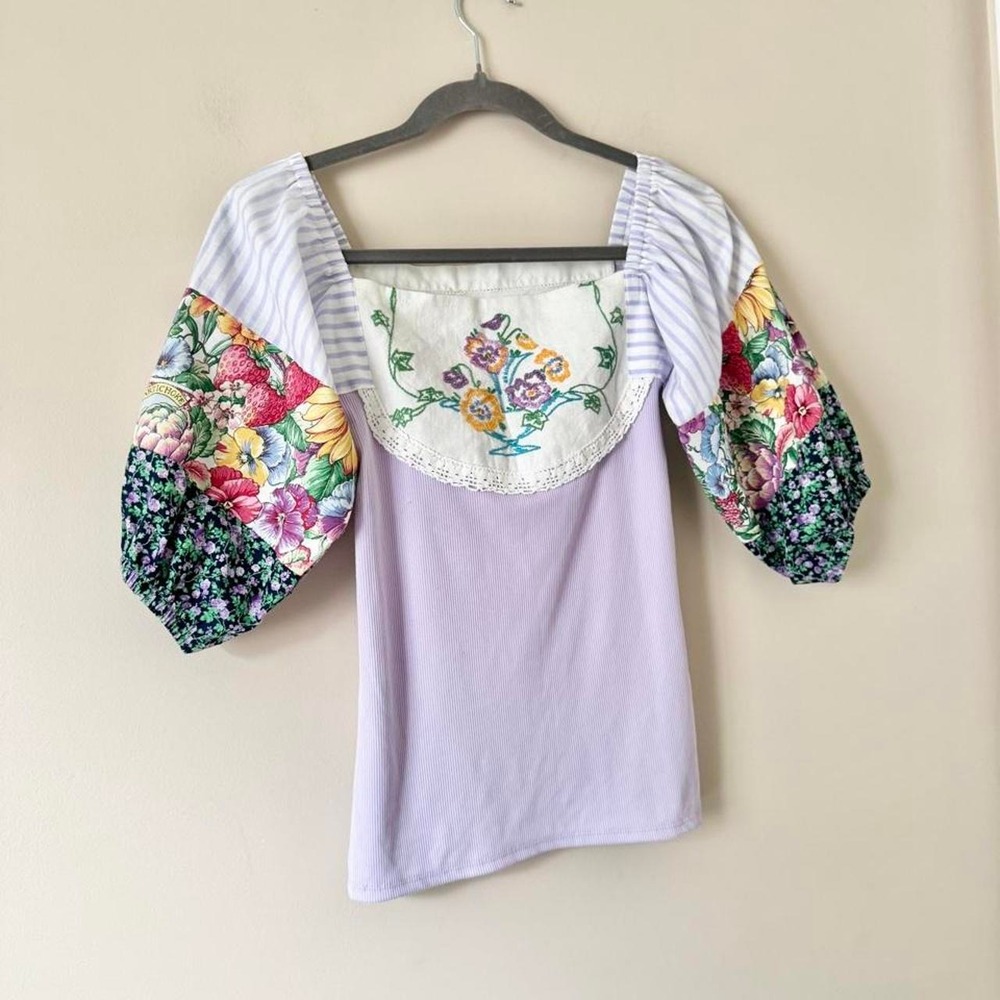 Handmade purple patchwork balloon sleeve peasant blouse XS garden fruit cottage